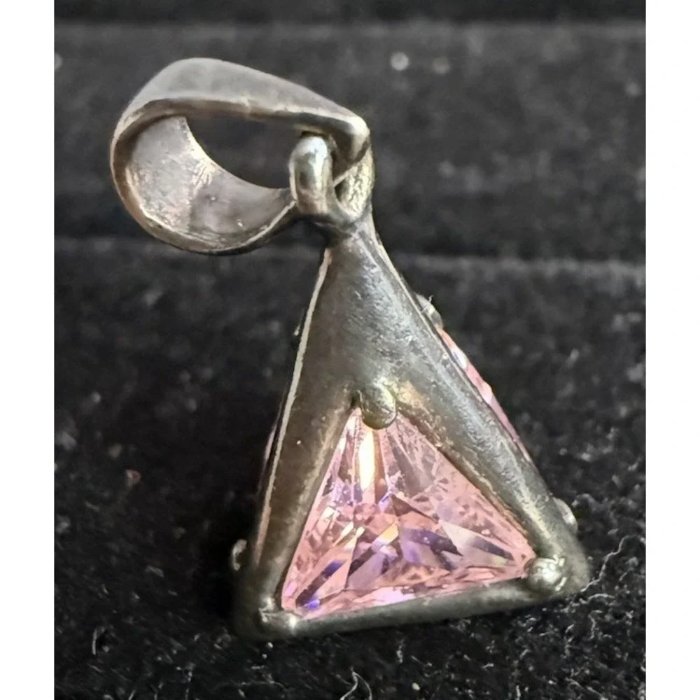 925 Marked HAN Triangle Pendant Pink Stone 3D Sterling Silver